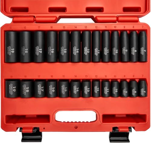 Image of NEIKO 02433A 3 /8 inch Drive Standard and Deep Metric Impact Socket Set | 26 Pieces | Metric 7mm to 19mm | Premium Cr-V Steel | 6-Point Hex Design | Corrosion Resistant Black Phosphate Coating