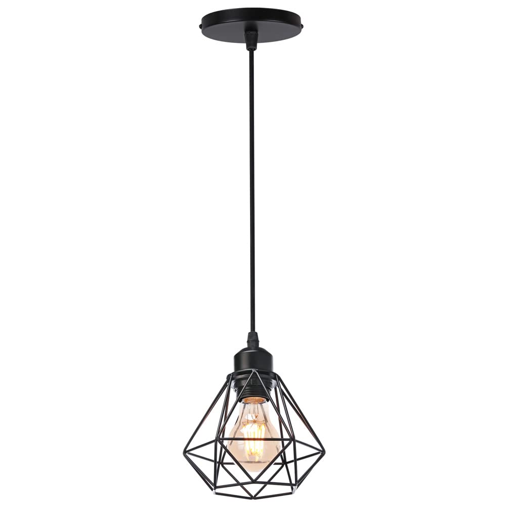 PLQWUJD Exquisite Chandelier 1Light Metal Cage Pendant Light Fixture Hanging for Kitchen & Dining Room Tables Black Chandelier Lamp Foyer Aisle Lights with Adjustable Cord