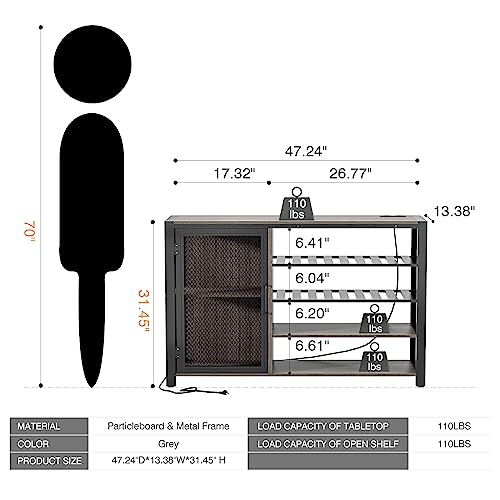 WASAGUN Bar Cabinets for Home,LED Coffee Bar with Power Outlets,47 Inch Sideboard,Industrial Liquor Cabinet with Wine Rack and Glass Holder,Kitchen,Dining Room,Grey