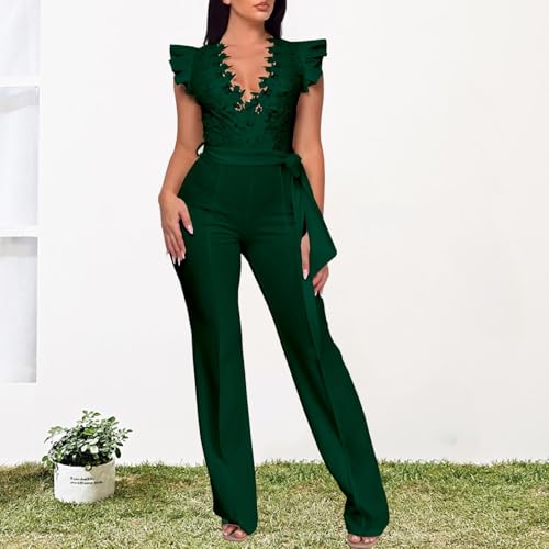 Image of PaladMom Womens Elegant Plus Size Jumpsuits Sexy Back zipper Short Sleeve Mid Waist Wide Leg Straight Rompers
