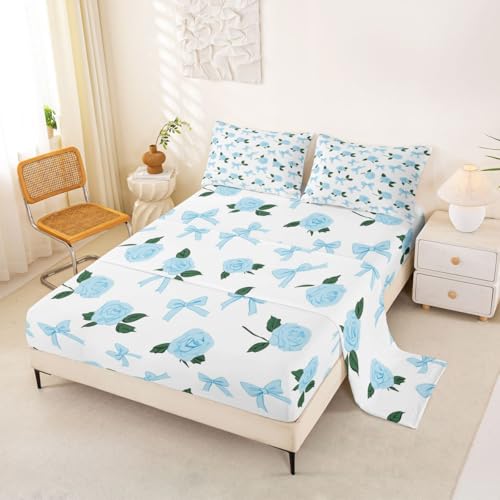 Homemissing Juego de sábanas con estampado floral botánico y estampado floral de coqueta, tamaño individual, 3 piezas con 1 funda de almohada, diseño de lazo azul