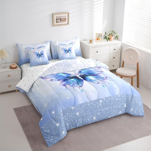 Image of Feelyou Butterfly Comforter Set with Sheets 7 Piece King Size Dreamy Princess Bedding Set for Kids Boys Girls Glitter Bed in a Bag Watercolor Butterflies Room Decor Soft Lightweight Microfiber
