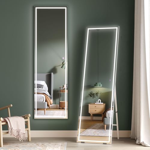 Dripex LED Full Length Floor Standing Mirror, 160x40CM Wall Mounted Mirror with Dimming & 3 Color Lighting for Bedroom (White Frame)