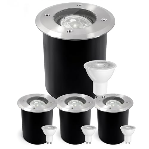 JNR 4er Set Bodenstrahler Außen Schwenkbar GU10 IP67 Wasserdicht mit LED 5W 3000K Warmweiß, Bodeneinbaustrahler Aussen 230V Bodenleuchten Außen, Silber