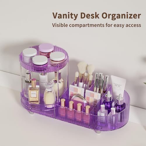 Image of 360 Rotating Vanity Makeup Organizer, 2 Small Trays & 5 Compartments for Cosmetics, Skincare, Perfume, Lipstick & Make up Brushes Holder, Purple Countertop Organizers and Storage for Dresser, Bathroom
