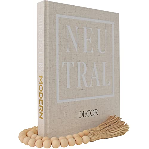 Kigan Home Linen Decorative Book - Real Hardcover Neutral Midcentury Modern - Wooden Bead Garland...