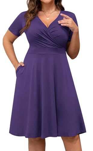 Image of POSESHE Womens Plus Size Dresses Summer Short Sleeve Wrap V-Neck Sundress Casual Wedding Guest Cocktail Dress with Pockets