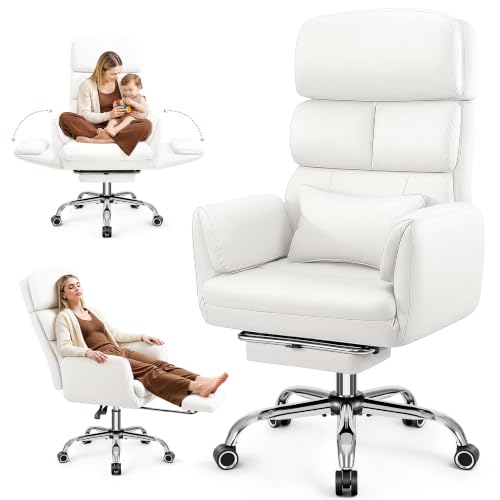 Image of Big and Tall Office Chair 500LBS, Ergonomic High Back Leather Executive Chair, Reclining Swivel with Adjustable Armrests Lumbar Support Footrest, Cross Legged, White