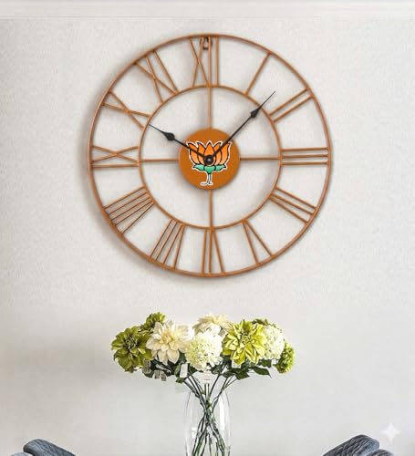 Image of Saffron 18-Inch Round Iron Wall Clock with Roman Numerals | Skeleton Design | Stylish Home & Office Decor