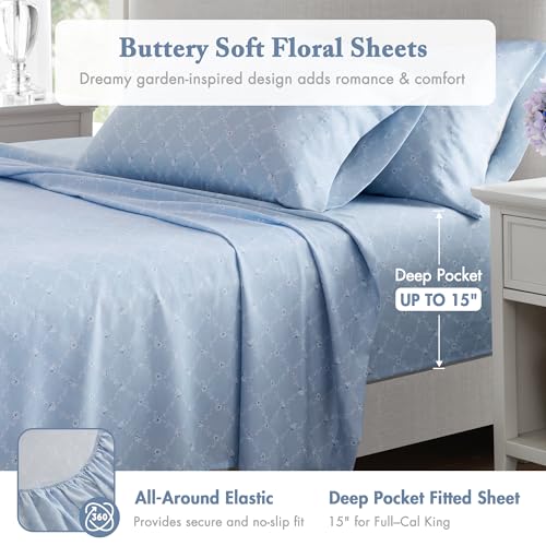 Image of Madison Park Essentials Adele Blue Floral Full Size Comforter Set - Vintage Bed in a Bag with Sheets, Reversible Ruffle Bedding, Elegant Gift for Her