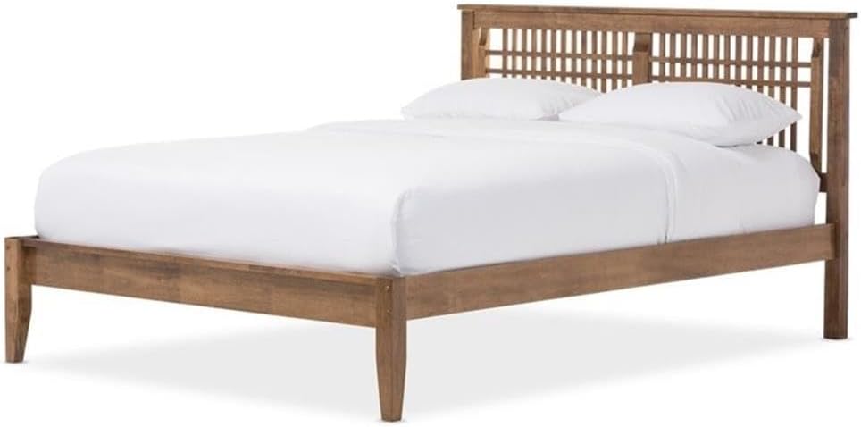 BOWERY HILL Queen Platform Bed, 40.95" H x 63.38" W x 83.85" D, Solid Hardwood, Walnut Finish, Trapezium-Shaped Slatted Headboard, Tapered Legs, Modern Design, Indoor Bedroom Furniture