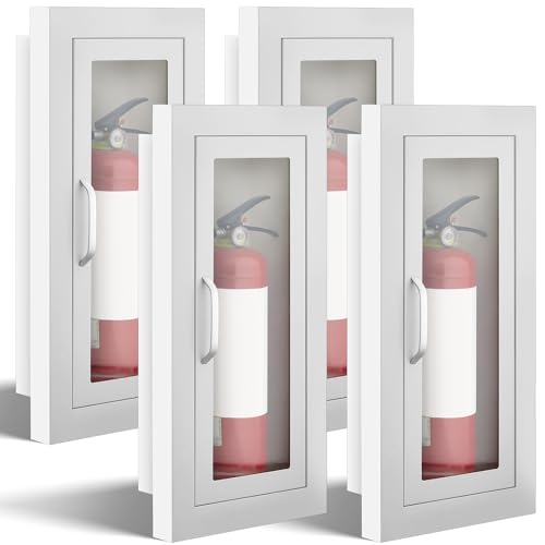 Image of Zonon 4 Pcs Semi Recessed Fire Extinguisher Cabinet Box Steel Recessed Wall Cabinet, Magnetic Door with Handle, Acrylic Window, 2.5 Inch Trim, for 2.5 /5 /10 lb Dry Chemical Fire Extinguisher (White)