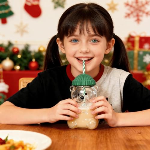 Image of KELVEE Bear Shaped Glass Cup with Straw and Lid | Cute Teddy Bear Tumbler | Reusable Drinking Glass for Iced Coffee Boba Tea Smoothies Cocktails | Kawaii Aesthetic Drinkware | Gift for Women Girls