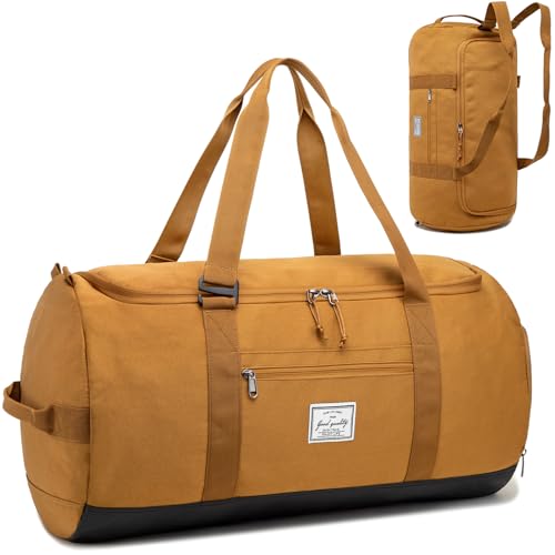 TAIHOYIN Sac de Sport Homme 60L 2 en 1 - Sac à Dos ou Sac à Main, Grand Sac de Voyage Imperméable avec Compartiment à Chaussures Sacs Weekend Femme, Marron