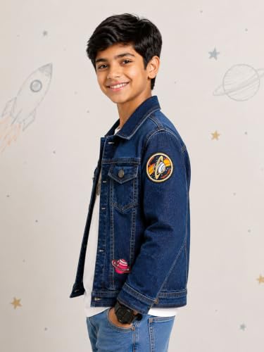 Image of KiddoPanti Boys Denim Jacket | Cotton Poly Blend with Spandex | Washed Denim, Full Sleeve | Button Closure & Front Flap Pockets | Collared Neck