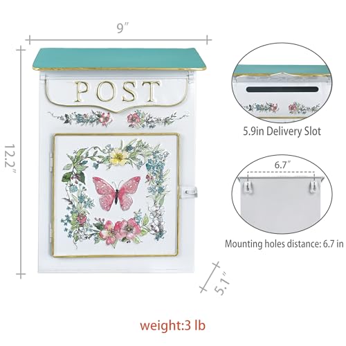 Image of Mailbox Wall Mount Mailboxes for Outside Vintage Mail Boxes for House Outside Metal Drop Box Antique Style Nostalgic Charm Home Decorative, Butterfly Pattern, White
