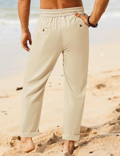 Image of iWoo Linen Pants Men Casual 2025 Summer Beach Elastic Drawstring Waist Yoga Pants Travel Baggy Work Pant Pajama