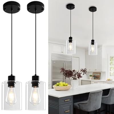 ZSMIHDOH Glass Pendant Lights Kitchen Island 2 Pack, Black Kitchen Pendant Lighting Over Island, Hanging Light Fixtures Modern Pendant Lights for Hallway Entryway Bedroom Dining Room