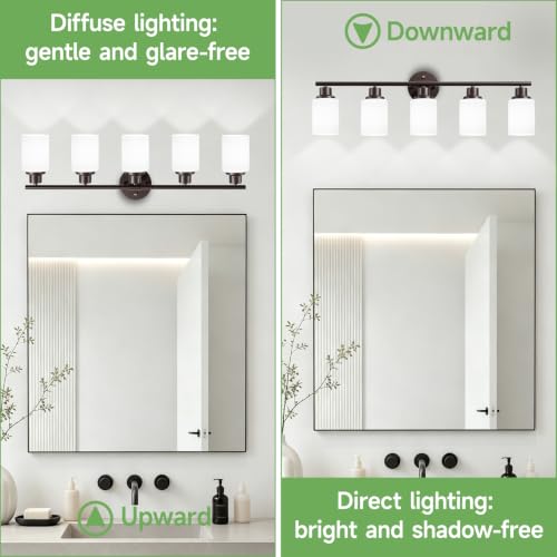Image of 5-Light Bathroom Light Fixtures, Vanity Lights for Mirror with Textured Milky White Glass Shade, Modern Kitchen Light Fixtures Wall Sconce Light - E26 Base - Oil-Rubbed Bronze
