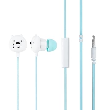 MINISO We Bare Bears in-Ear Wired Headphones with Microphone, Comfortable Earbuds Cute Earphones for Mobile Smartphones Apple Xiaomi Realme Oppo Samsung and More - Blue