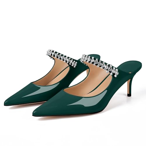 Image of XINIUNIU Heeled Mules for Women Rhinestone Heels Pointed Toe Slip On 2.5 Inch Kitten Stiletto Closed Toe Sandals Dress Wedding Pump Shoes