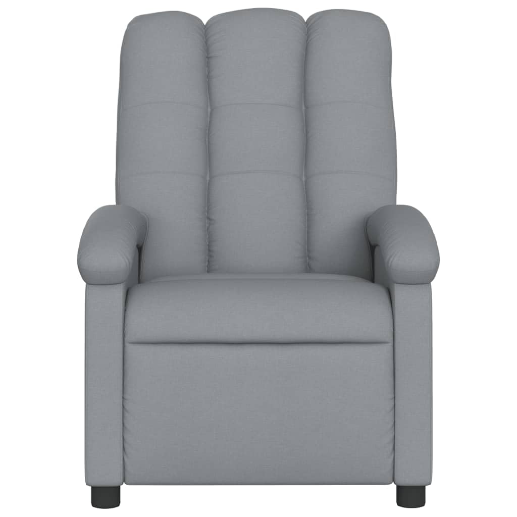 Fotel relaksacyjny, jasnoszary, materiał z regulowanym oparciem i podnóżkiem, ergonomiczne siedzisko z tapicerką, drewniany metalowy stelaż, idealny do salonu, biura, czytania i relaksu