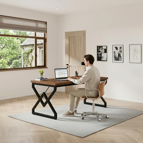 Image of Executive Computer Desk | Office Table for Home & Workstation, Wooden Study Desk | Laptop Table with Strong Metal Frame | Rustic Brown | 150x70x75cm