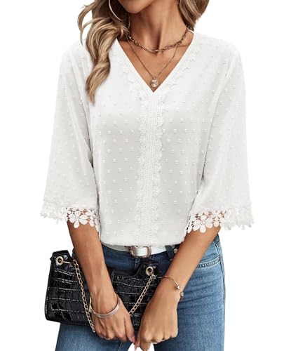 siliteelon Summer Tops Women White Boutique Tops for Women Trendy Floral 3/4 Sleeve Boho Swiss Dot V Neck Dressy Causal Trendy 2026 Summer XL X-Large Shirts
