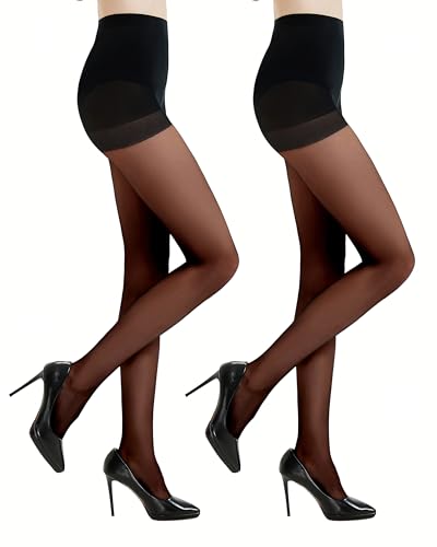 2 Pairs Women's Black Tights - 20D Silky Control Top Pantyhose for Reinforced Toes - Smooth & Durable