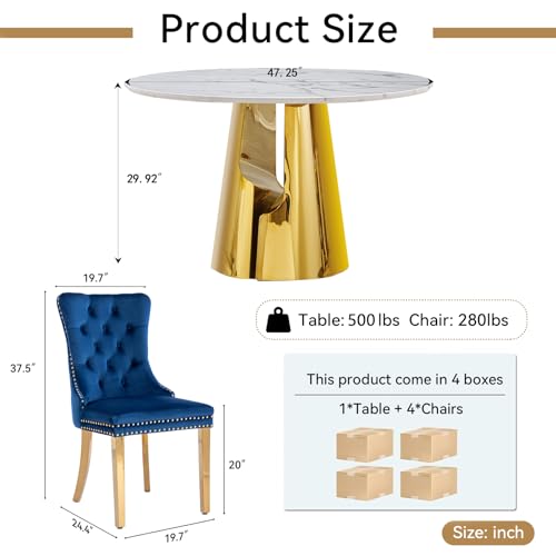 Image of 5-Piece Round Dining Table Set for 4, Modern Faux Marble Kitchen Table and Blue Velvet Chairs Set of 4, Luxury 45 inch Circle White Gold Dining Room Tables with Stainless Steel Base
