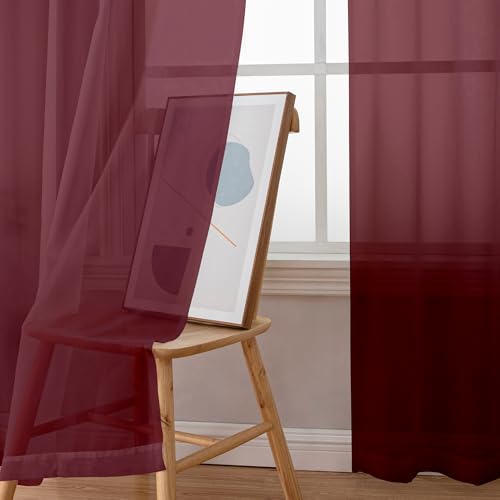 Image of Simplebrand Burgundy Red Sheer Curtains 90 Inches Long 2 Panels, Light Filtering Rod Pocket Solid Color Window Sheer Curtain Panels, Elegant Curtains & Drapes for Living Room, Bedroom, 59 inch W x 90 inch L