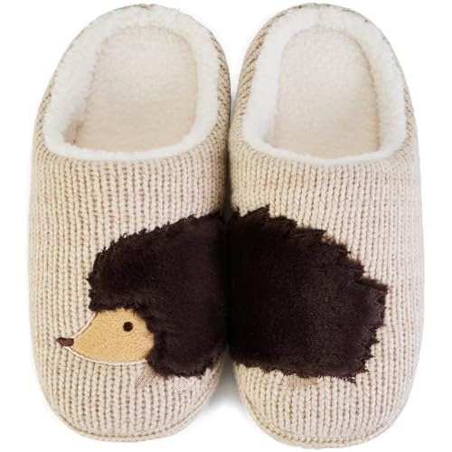 JEBUKTXE Zapatillas de Estar por Casa de Mujer Bordado de Animales Pantuflas Invierno Forro de Peluche Cálidas Espuma de Memoria Zapatillas de Casa (Bordado De Animales-Erizo,35 36)
