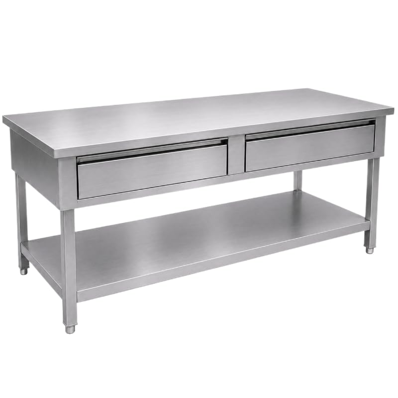 Générique Table de Travail INOX avec 2 Tiroirs et Étagère, 140x70x85 cm