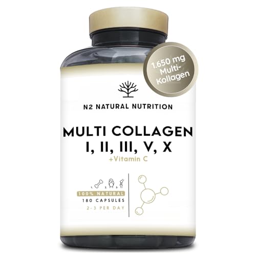 Multi Kollagen Kapseln Hochdosiert 1650mg mit Vitamin C. Hydrolysierte Collagen Peptide Typ I II III V X 180 Kapseln. N2 Natural Nutrition
