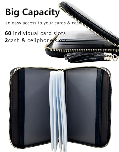 Image of Womens Credit Card Holder Wallet RFID Leather Small ID Card Case, 60 Card Slots - BlackNew, 7.67 inch x 4.6 inch x 1 inch (19.5 x 11.3 x 2 cm), Fashion