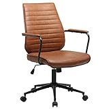Brown Leather Office Chair, Ergonomic Mid-Back Executive Conference Task Chair, Ribbed Height Adjust