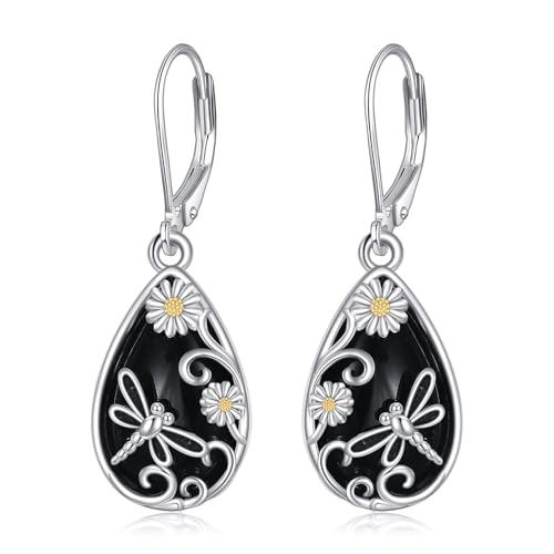 Boucles d'oreilles libellule en argent 925 et obsidienne véritable par YAFEINI