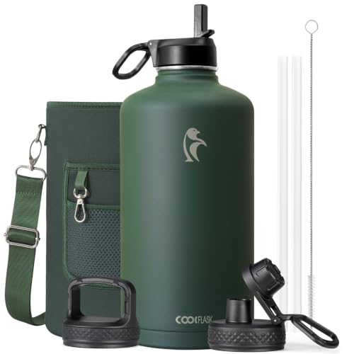 Coolflask 128 oz Gallon Water Bottle Insulated with Straw & 3 Leakproof Lid