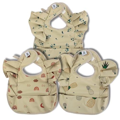 Hello Hippo - Pack de 3 Baberos Impermeables con Volantes y Bolsillo Recoge-Migas – Estilo y Protección para Bebé | Babero Plastificado Unisex 4-12 Meses | Ajustable
