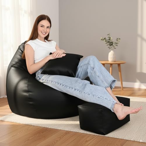 Image of 4XL Premium Leatherette Bean Bag with Rectangular Footrest & 16x16 Inch Cushion | High Density Beans Filled | Side Pocket & Easy to Carry Handle | 6 Months Warranty Color- (Black, 4XL)