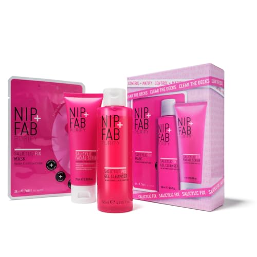 Nip + Fab Clear The Decks Kit – 3-Step Salicylic Acid Skincare Set for Blemish-Prone Skin – Includes Gel Cleanser, Facial Scrub & Sheet Mask – With Allantoin & Hyaluronic Acid
