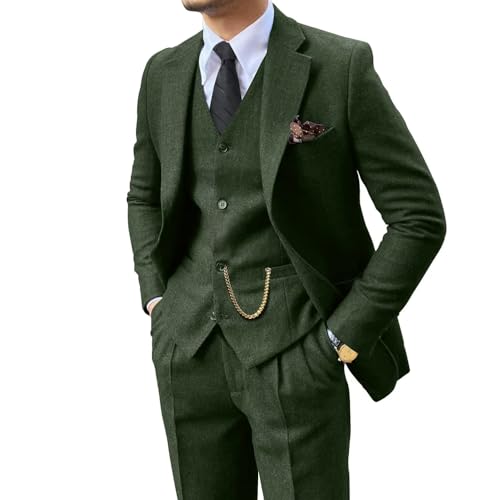Retro 3 Piece Suit Tweed Herringbone Men's Suits Slim Fit Groom Tuxedos Set Prom Brown Grey Jacket Blazer Vest Pants