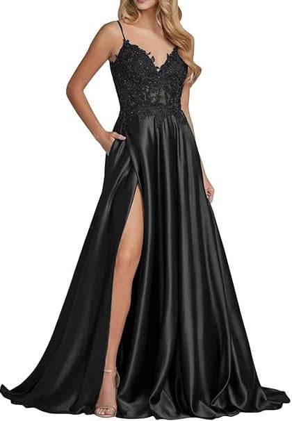 Women's Satin Prom Dress Lace Applique Bridesmaid Long Gowns Spaghetti Straps with Slit Formal Evening Party Dress
