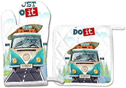 Honey Mill Oven Mitts and Pot Holders Set,Oven Glove Cooking Gloves Hot Pad,Heat Resistant Kitchen BBQ Glove Gift for Cooking Baking Grilling Set of 2 Travel Car Pattern