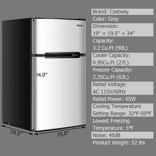 Costway Compact Refrigerator, 3.2 Cu Ft. Unit 2-Door Mini Freezer Cooler Fridge With Reversible Door, Removable Glass Shelves, Mechanical Control, Recessed Handle For Dorm, Office, Apartment (Grey) #TOP3