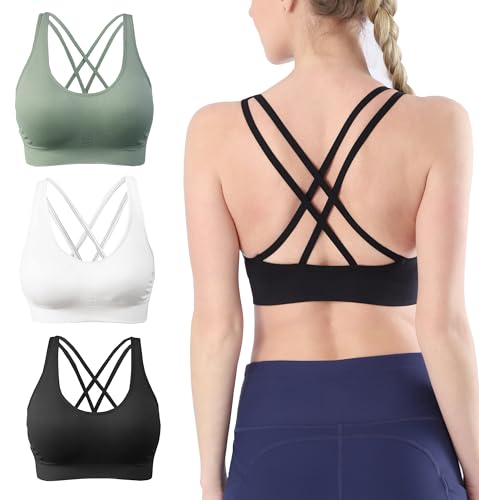 Image of AKAMC Women's Cross Back Sport Bras,Adjustable Straps Padded Criss Cross Cropped Bras for Yoga Workout Fitness