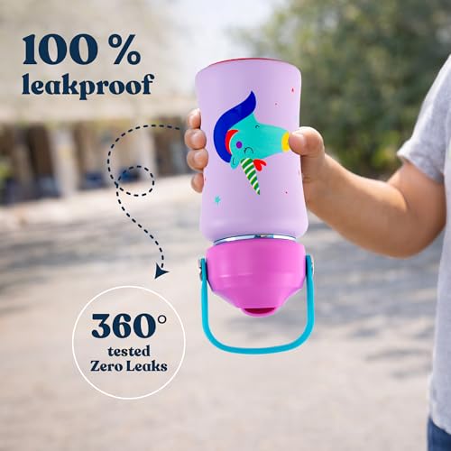Image of rabitat Steel Play 3.0 Water Bottle for School Kids 450ml, 1+1 Year Brand Warranty | Steel Water Bottle | Steel Bottles | BPA-Free Leak-Proof, Flip-Lock Sipper, EasyCarry Handle Love you to the moon