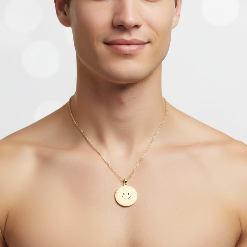 Collier argent 925 plaqué or avec pendentif visage souriant gravé main
