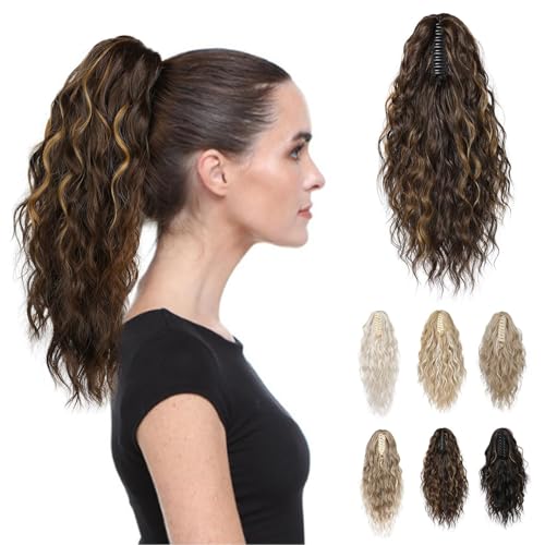 REECHO 14" Ponytail Extension, Claw Clip Ponytail Extension Fake Pony Tails Soft Wavy Multi Layered Clip in Hair Extensions Synthetic Hairpiece HP002 - Chocolate Brown with Caramel Blonde Highlights