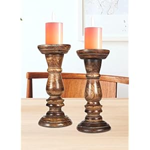 Hand Crafted Decorative Wooden Pillar Candle Holder Stand, Rounded Turned Colums, Country Style Ideal for Gift, Wedding, Christmas Decoration, Party, New Year, Home, Spa - 8 Inch Set of 2 - Burnt Hand Crafted Decorative Wooden Pillar Candle Holder Stand Rounded Turned Colums Country Style Ideal for Gift Wedding Christmas Decoration Party New Year Home Spa 8 Inch Set of 2 Burnt
